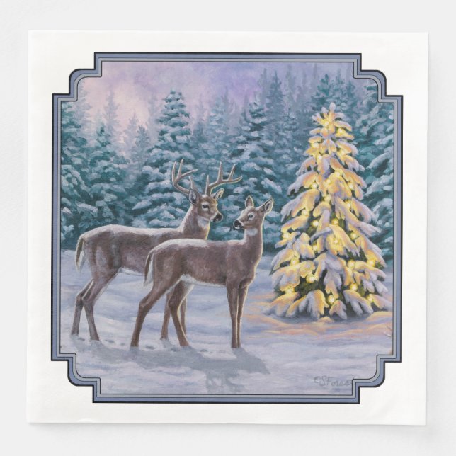 Whitetail Deer & Christmas Tree Winter Scene Paper Dinner Napkins (Front)