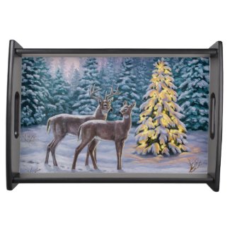 Whitetail Deer & Christmas Tree Winter Scene Serving Tray