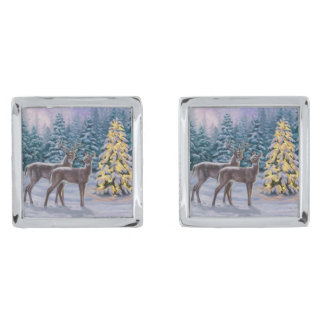 Whitetail Deer & Christmas Tree Winter Scene Silver Cufflinks