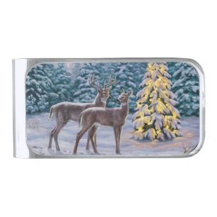 Whitetail Deer & Christmas Tree Winter Scene Silver Finish Money Clip
