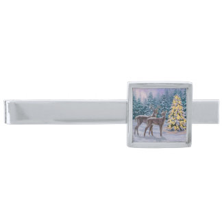 Whitetail Deer & Christmas Tree Winter Scene Silver Finish Tie Clip