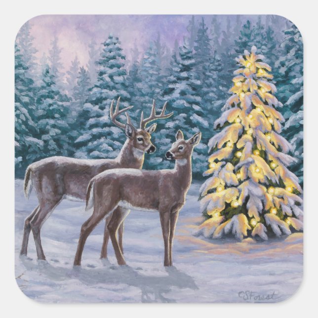 Whitetail Deer & Christmas Tree Winter Scene Square Sticker (Front)