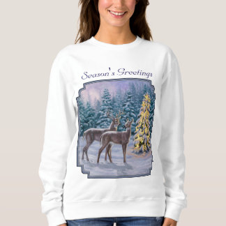 Whitetail Deer & Christmas Tree Winter Scene Sweatshirt