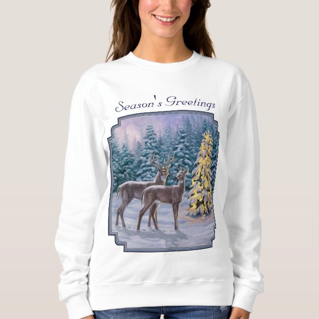 Whitetail Deer & Christmas Tree Winter Scene Sweatshirt (Front)