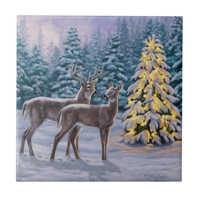Whitetail Deer & Christmas Tree Winter Scene Tile (Front)