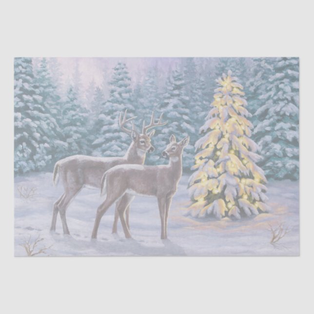 Whitetail Deer & Christmas Tree Winter Scene Tissue Paper (Front)