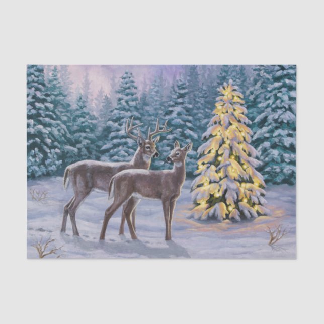Whitetail Deer & Christmas Tree Winter Scene Tissue Paper (Front)