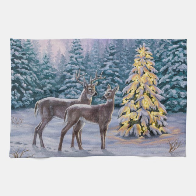 Whitetail Deer & Christmas Tree Winter Scene Towel (Horizontal)