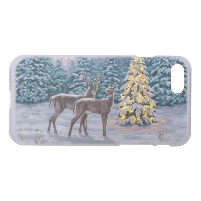Whitetail Deer & Christmas Tree Winter Scene Uncommon iPhone Case (Back Horizontal)