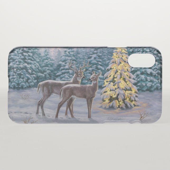 Whitetail Deer & Christmas Tree Winter Scene Uncommon iPhone Case (Back (Horizontal))