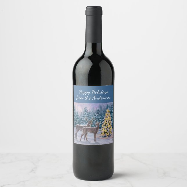 Whitetail Deer & Christmas Tree Winter Scene Wine Label (Front)