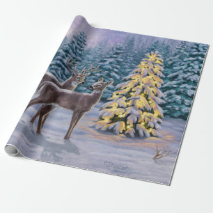 Whitetail Deer & Christmas Tree Winter Scene Wrapping Paper