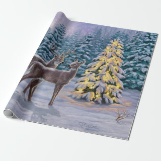 Whitetail Deer & Christmas Tree Winter Scene Wrapping Paper