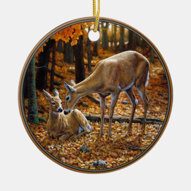 Whitetail Deer Doe and Fawn Autumn Ceramic Ornament (Front)