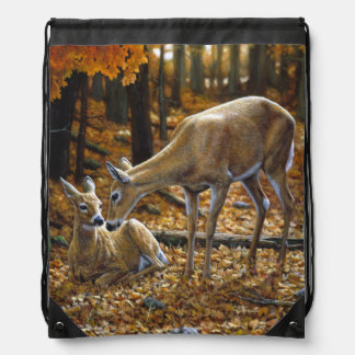 Whitetail Deer Doe and Fawn Autumn Drawstring Bag