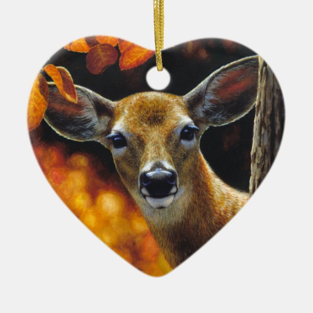 Whitetail Deer Doe Face Fall Colors Ceramic Ornament (Front)