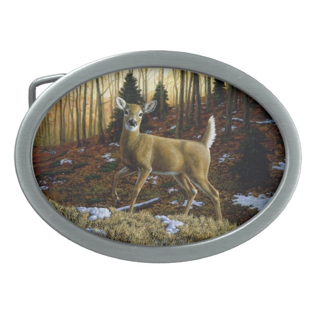 Whitetail Deer Doe in Autumn Forest Belt Buckle (Front)