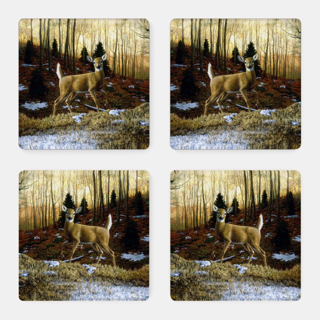 Whitetail Deer Doe in Autumn Forest Coaster Set (Set)