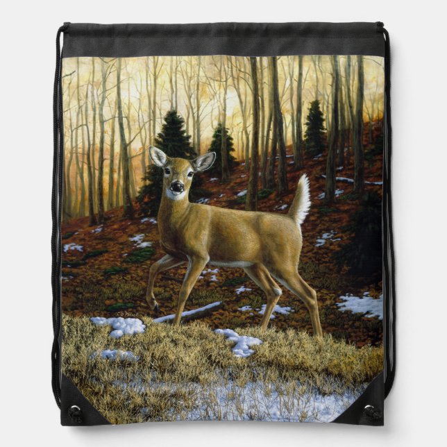 Whitetail Deer Doe in Autumn Forest Drawstring Bag (Front)
