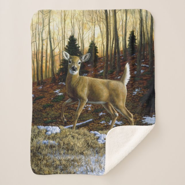 Whitetail Deer Doe in Autumn Forest Sherpa Blanket (Front)
