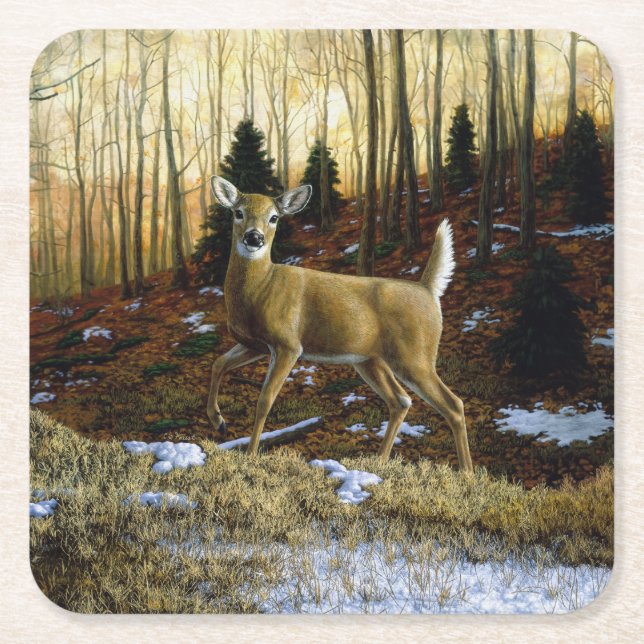 Whitetail Deer Doe in Autumn Forest Square Paper Coaster (Front)