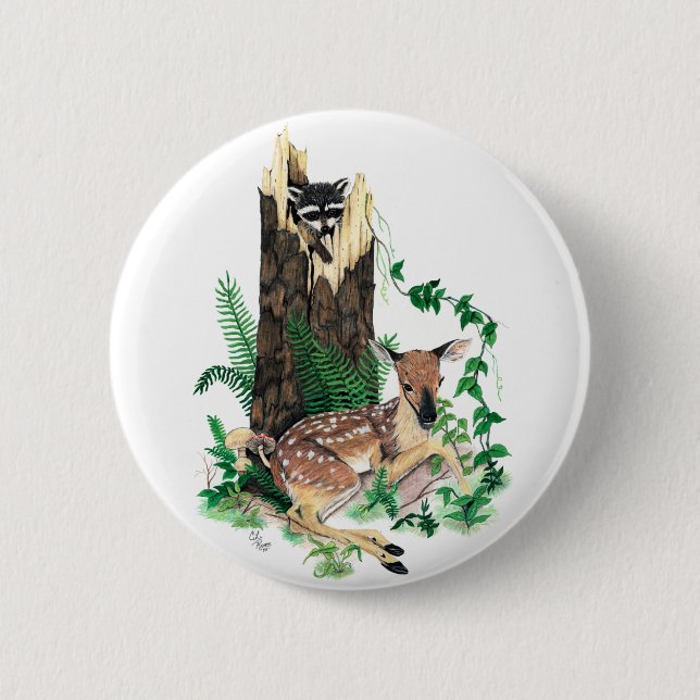 Whitetail Deer Fawn and Raccoon Button (Front)