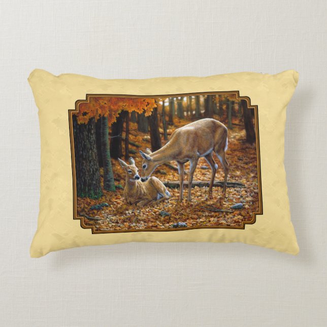 Whitetail Deer Fawn & Doe Yellow Accent Pillow (Front)