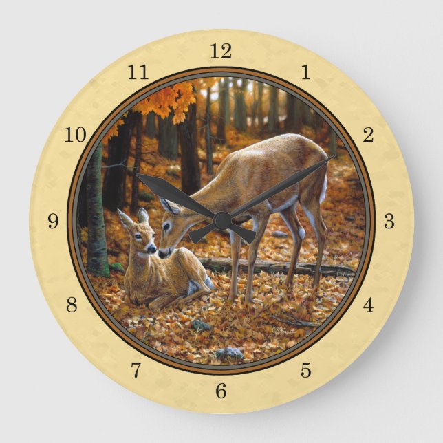 Whitetail Deer Fawn & Doe Yellow Large Clock (Front)