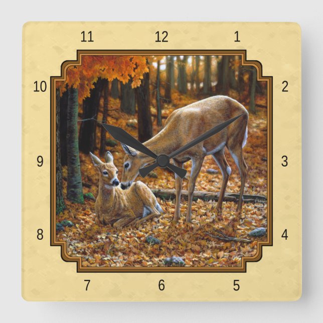 Whitetail Deer Fawn & Doe Yellow Square Wall Clock (Front)