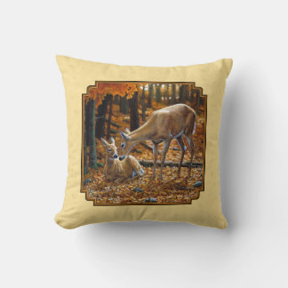Whitetail Deer Fawn & Doe Yellow Throw Pillow