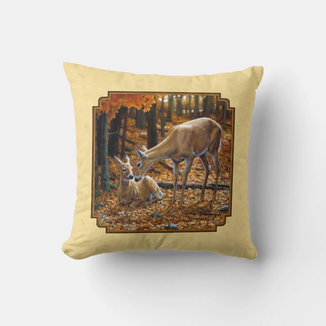 Whitetail Deer Fawn & Doe Yellow Throw Pillow (Front)