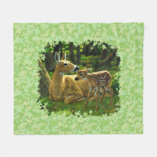 Whitetail Deer & Fawn Spring Leaves Fleece Blanket