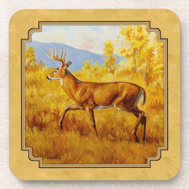 Whitetail Deer Golden Aspen Woods Drink Coaster (Front)