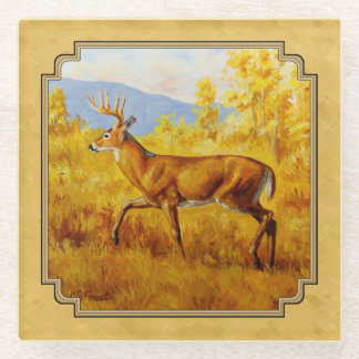 Whitetail Deer Golden Aspen Woods Glass Coaster