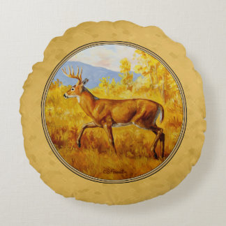 Whitetail Deer Golden Aspen Woods Round Pillow
