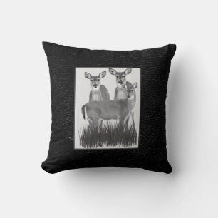 Whitetail Deer Herd on Faux Black Leather Throw Pillow