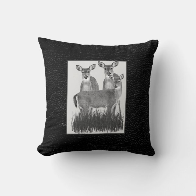 Whitetail Deer Herd on Faux Black Leather   Throw Pillow (Front)