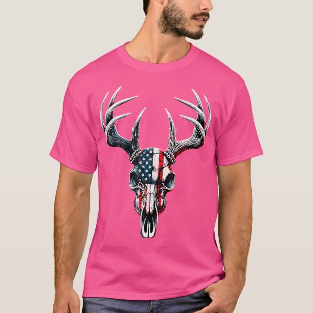 Whitetail Deer Hunting American Flag On Buck Skull T-Shirt (Front)