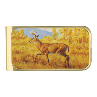 Whitetail Deer in Autumn Aspen Forest Gold Finish Money Clip