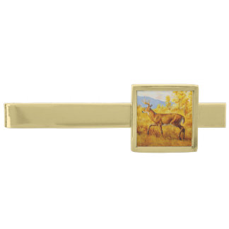 Whitetail Deer in Autumn Aspen Forest Gold Finish Tie Clip
