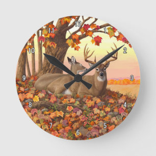 Whitetail Deer in Autumn New England Fall Colors Round Clock
