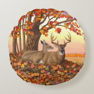 Whitetail Deer in Autumn New England Fall Colors Round Pillow