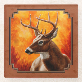 Whitetail Deer in Autumn Reddish Brown Glass Coaster