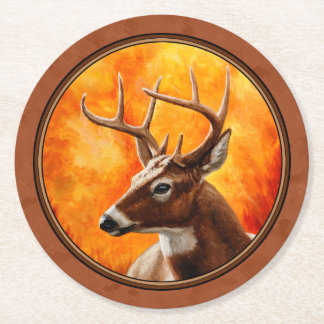 Whitetail Deer in Autumn Reddish Brown Round Paper Coaster
