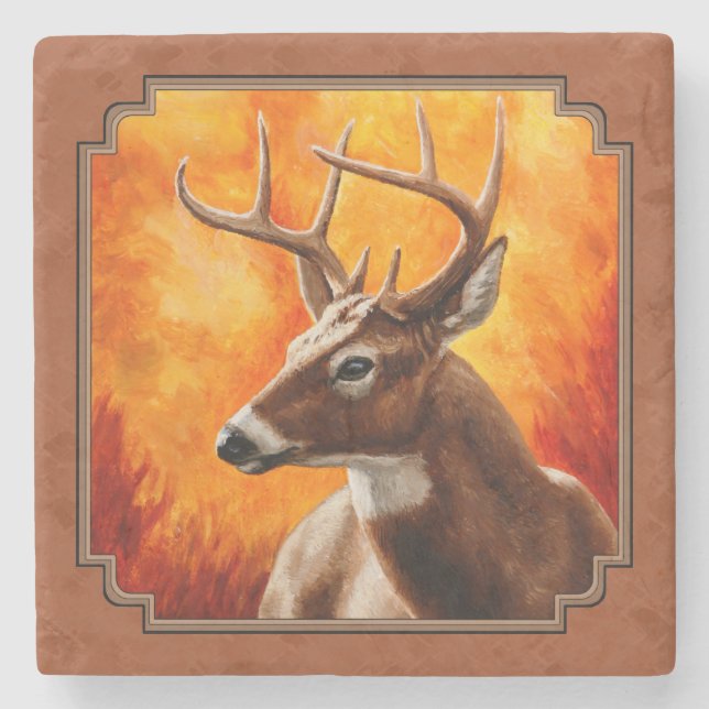 Whitetail Deer in Autumn Reddish Brown Stone Coaster (Front)