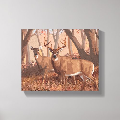 Whitetail Deer In Forest Retro Style Nature Canvas Print