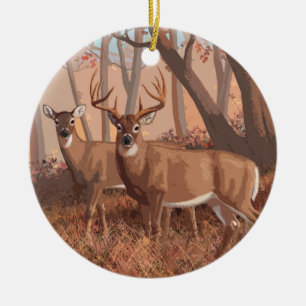 Whitetail Deer In Forest Retro Style Nature Ceramic Ornament