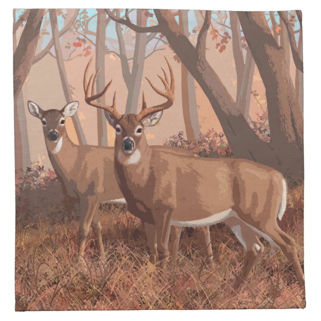 Whitetail Deer In Forest Retro Style Nature Cloth Napkin (Front)