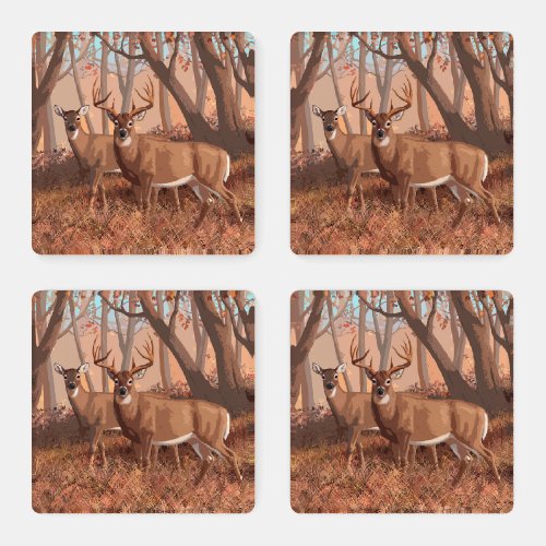 Whitetail Deer In Forest Retro Style Nature Coaster Set