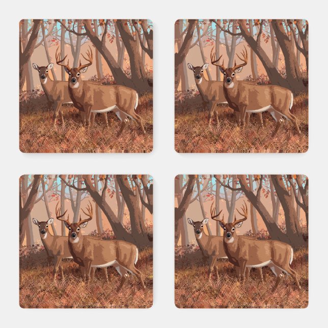 Whitetail Deer In Forest Retro Style Nature Coaster Set (Set)
